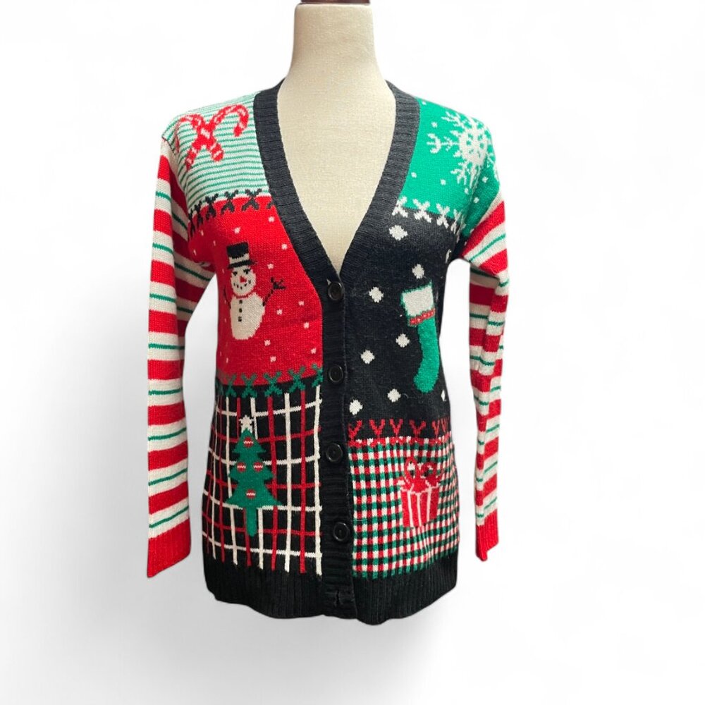 Love On A Hanger Black Red Green Ugly Christmas Sweater Cardigan Grandmacore‎ XS